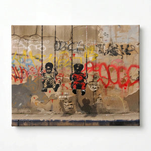 Black kids room decor stretched canvas, ready to hang. Street-art Black boys on swings graffiti wall. Digital mockup.