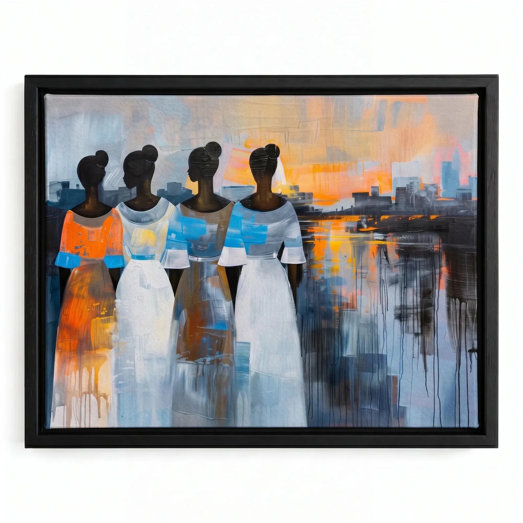 Modern African tribal wall decor in black floating frame, abstract oil of four Black women in flowing dresses at sunset. Digital mockup.