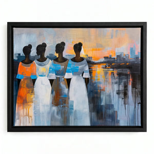 Modern African tribal wall decor in black floating frame, abstract oil of four Black women in flowing dresses at sunset. Digital mockup.