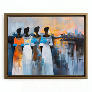 Modern African tribal wall decor in gold floating frame, four Black women in orange and blue dresses abstract painting. Digital mockup.