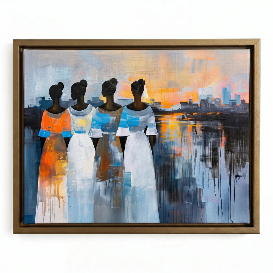 Modern African tribal wall decor in gold floating frame, four Black women in orange and blue dresses abstract painting. Digital mockup.