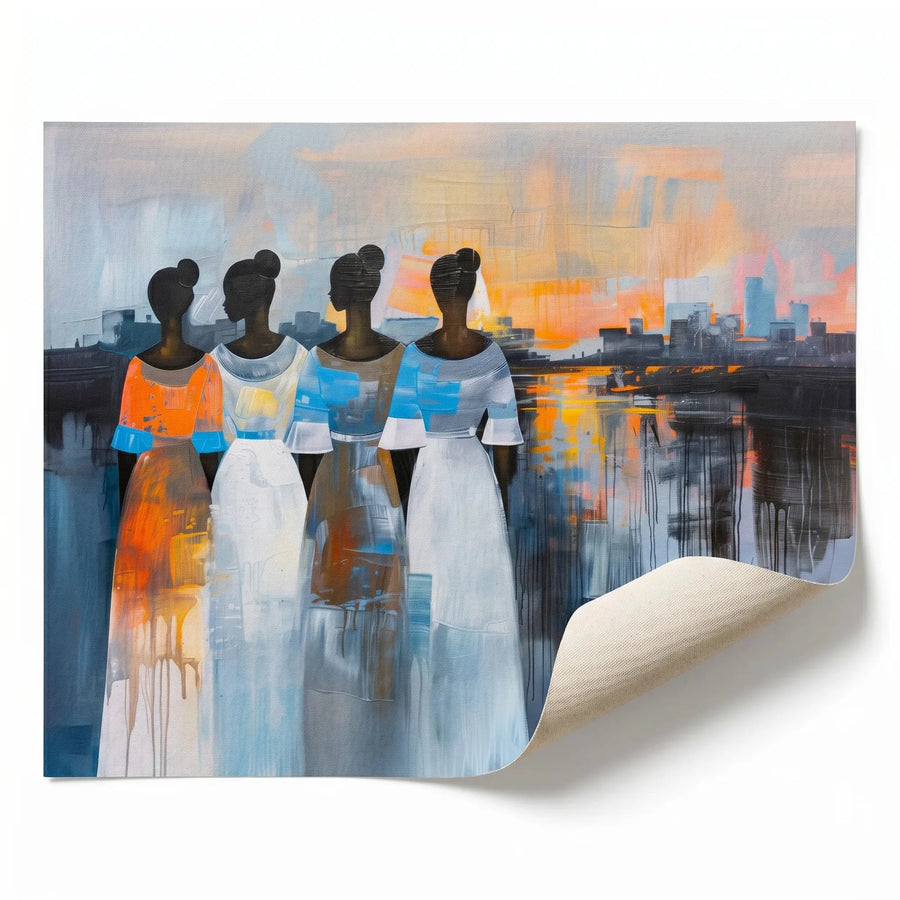 Modern African tribal wall decor rolled canvas print ready for custom framing, four Black women at sunset abstract. Digital mockup.