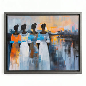 Modern African tribal wall decor in silver floating frame, modern four Black women in flowing dresses at sunset, abstract. Digital mockup.