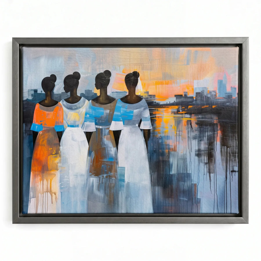 Modern African tribal wall decor in silver floating frame, modern four Black women in flowing dresses at sunset, abstract. Digital mockup.