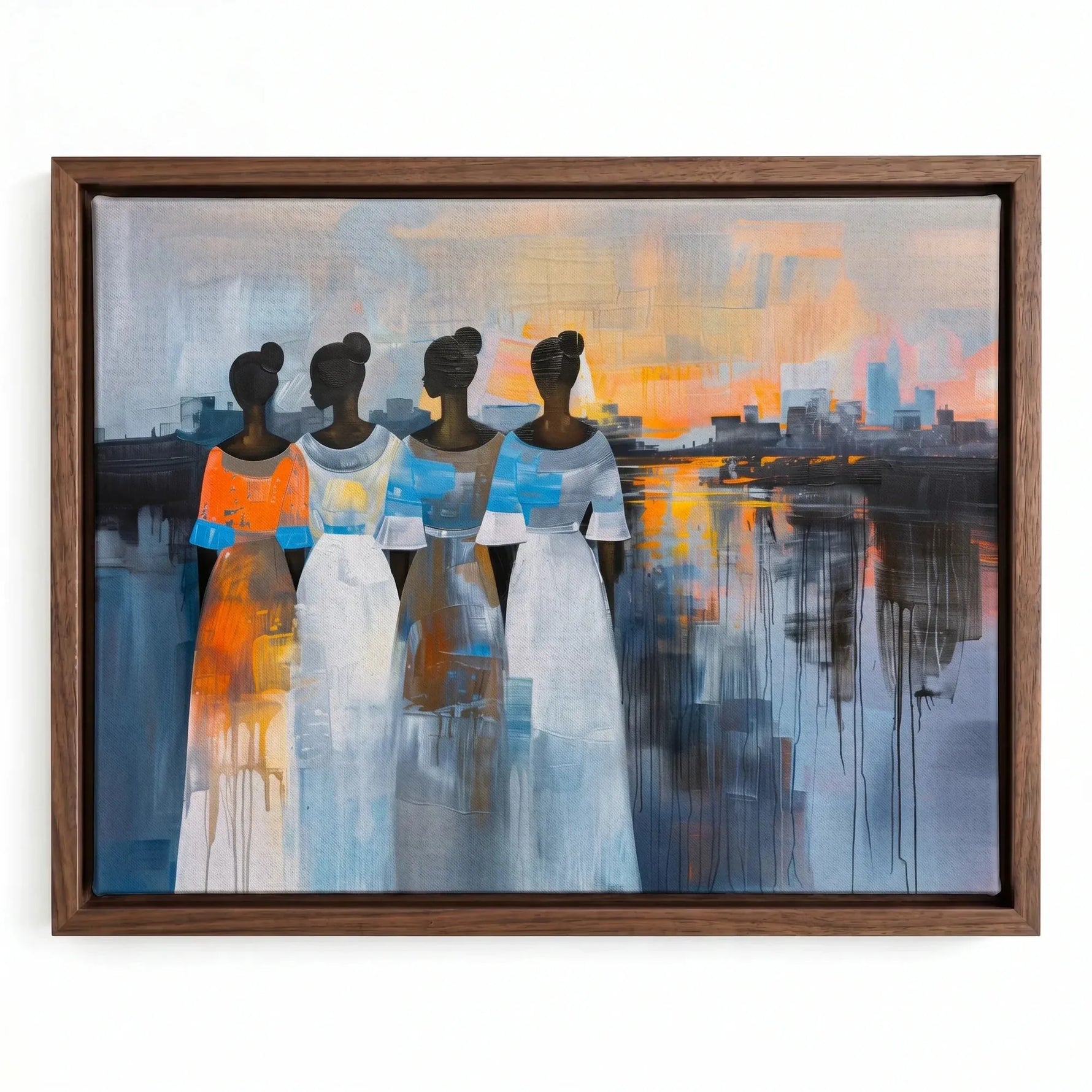 Modern African tribal wall decor in walnut floating frame, painterly four Black women silhouettes at city sunset. Digital mockup.
