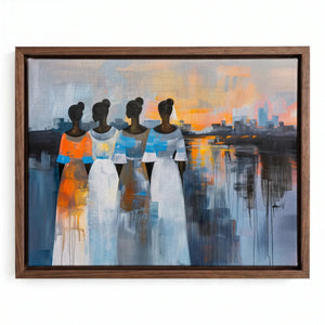 Modern African tribal wall decor in walnut floating frame, painterly four Black women silhouettes at city sunset. Digital mockup.