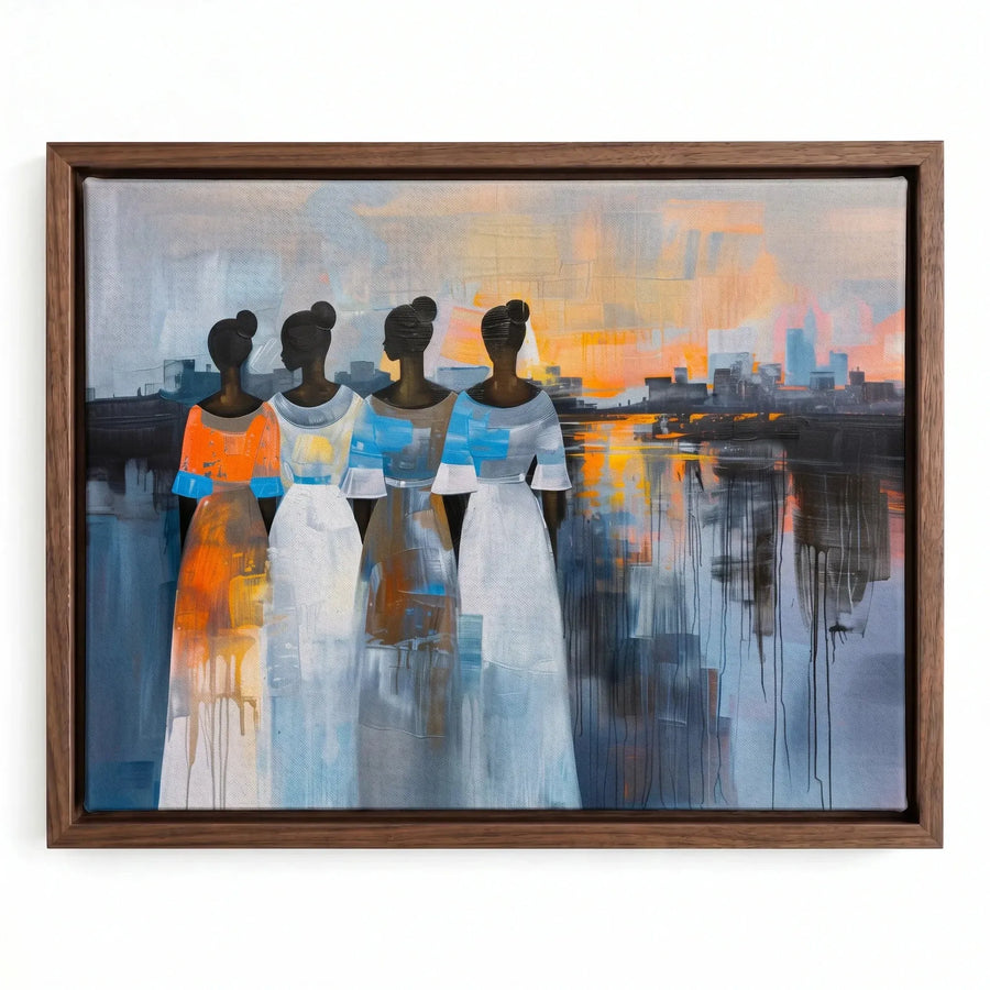 Modern African tribal wall decor in walnut floating frame, painterly four Black women silhouettes at city sunset. Digital mockup.