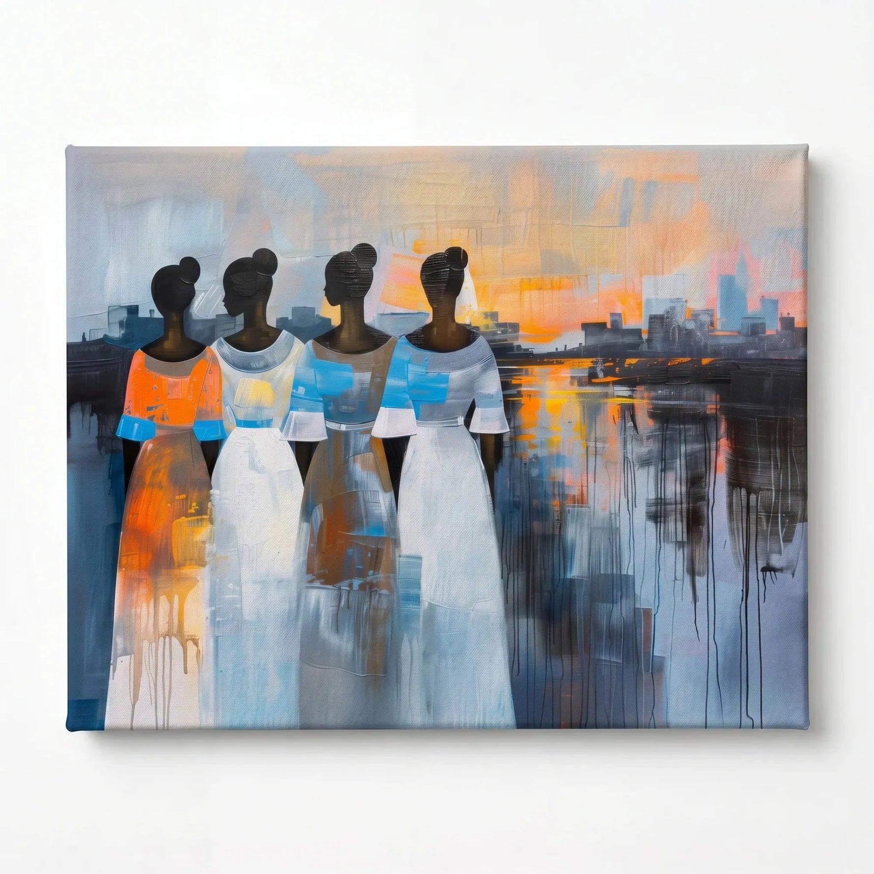 Modern African tribal wall decor stretched canvas, ready to hang. Four Black women in flowing dresses at city sunset. Digital mockup.