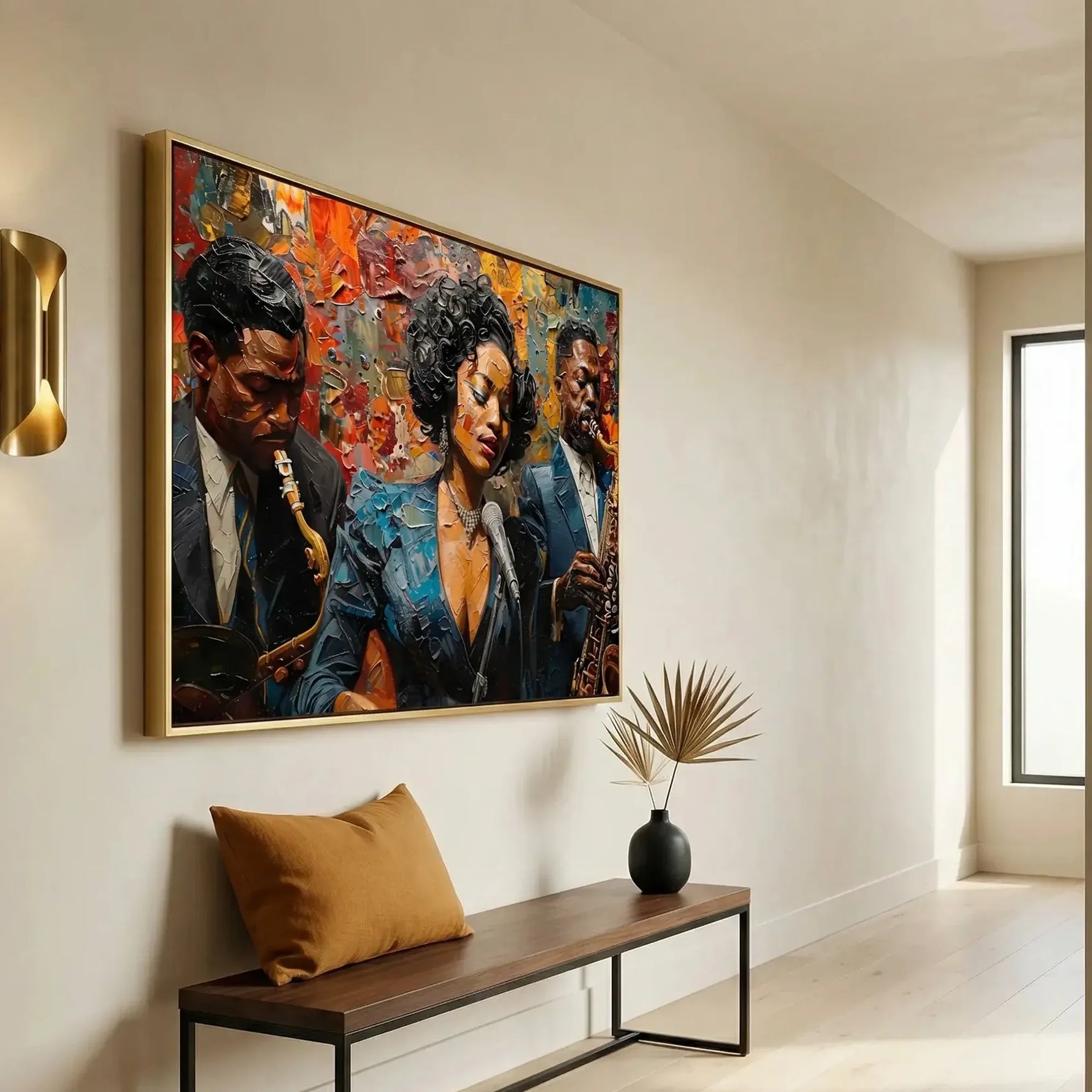Modern Black art for apartment in minimalist hallway with brass sconce and walnut bench, vintage Black jazz singer trio. Digital mockup.