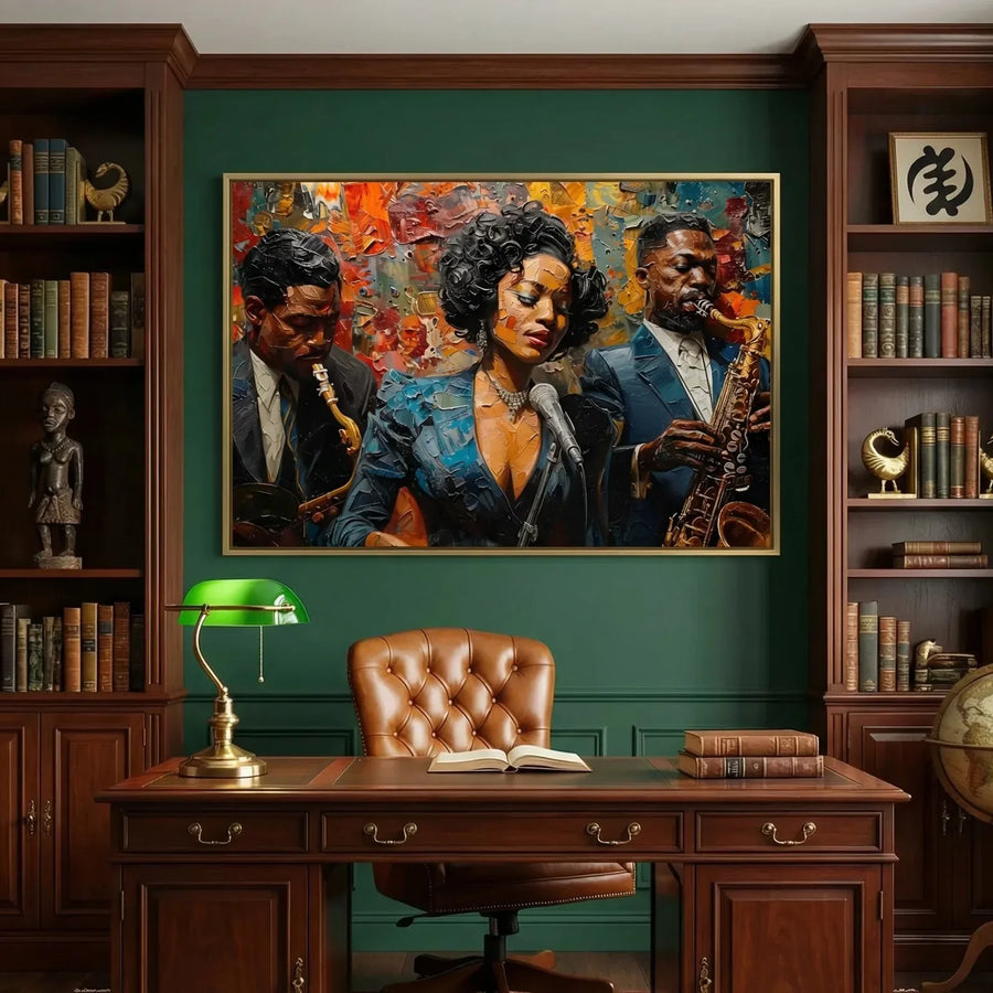 Black home office art in vintage library with walnut bookshelves and brass lamp, vintage Black jazz singer trio painting. Digital mockup.