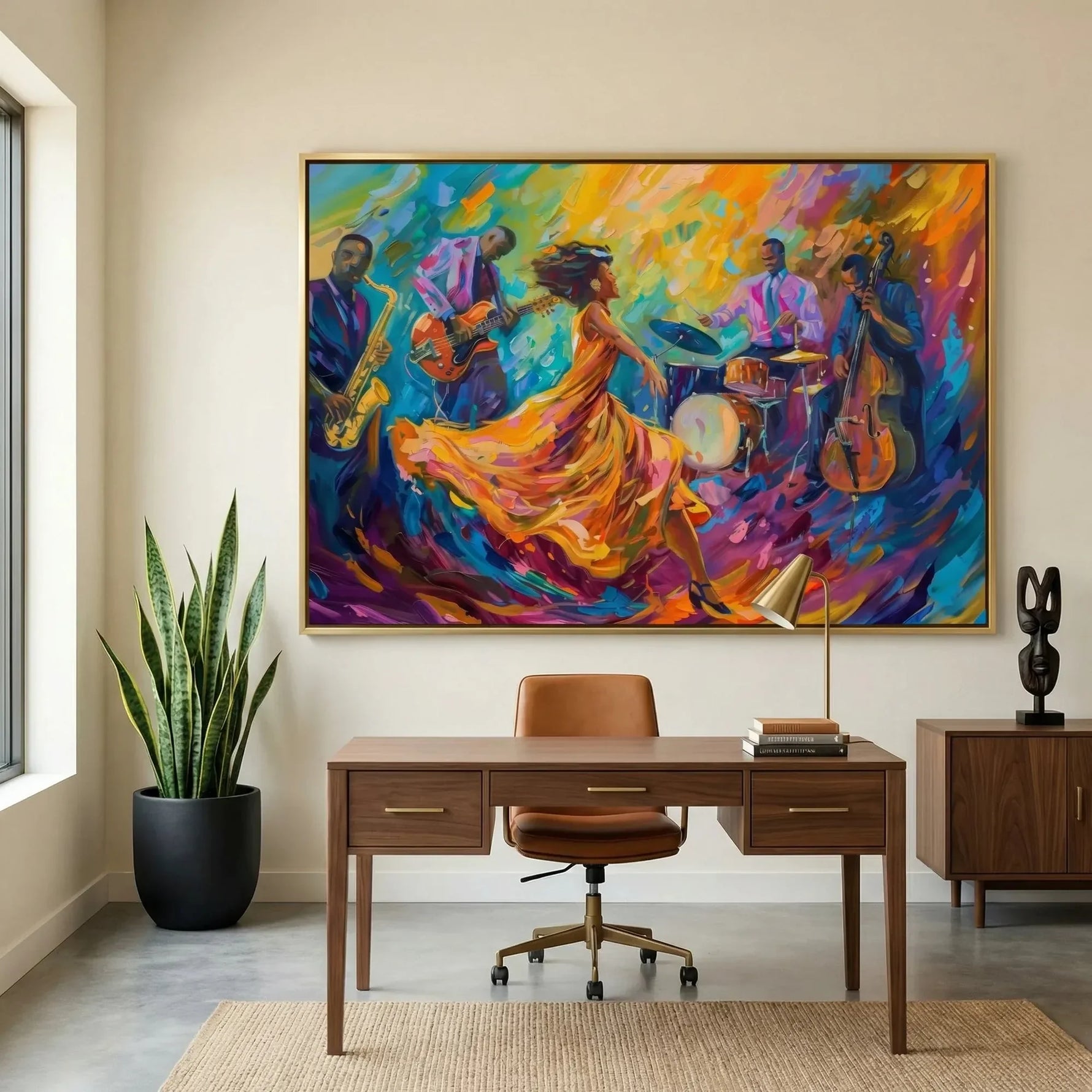 Black home office art in modern home office with walnut desk and African statue, Black jazz quartet with dancer painting. Digital mockup.