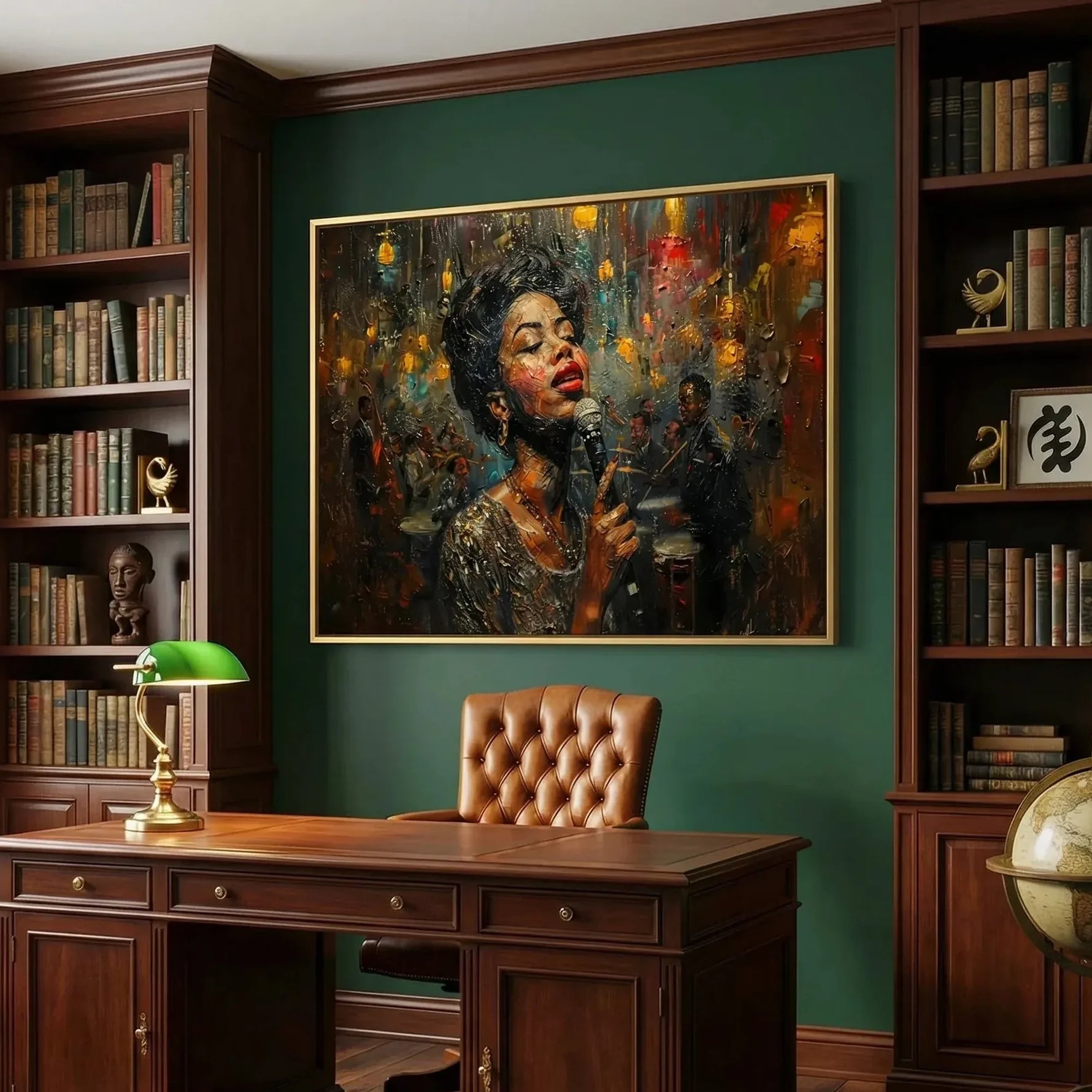 Black home office art in vintage library with emerald walls and walnut bookshelves, vintage Black jazz singer painting. Digital mockup.