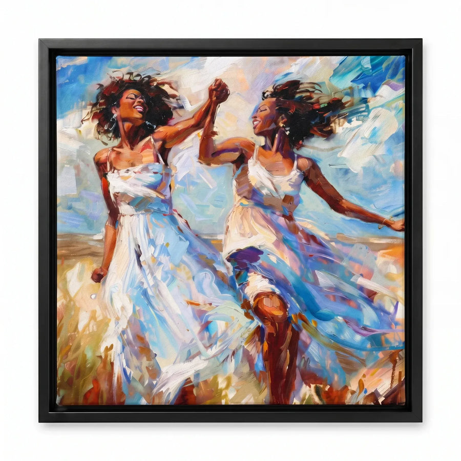 Black women dancing wall art in black floating frame, expressionist painterly women in white sundresses with windswept hair. Digital mockup.