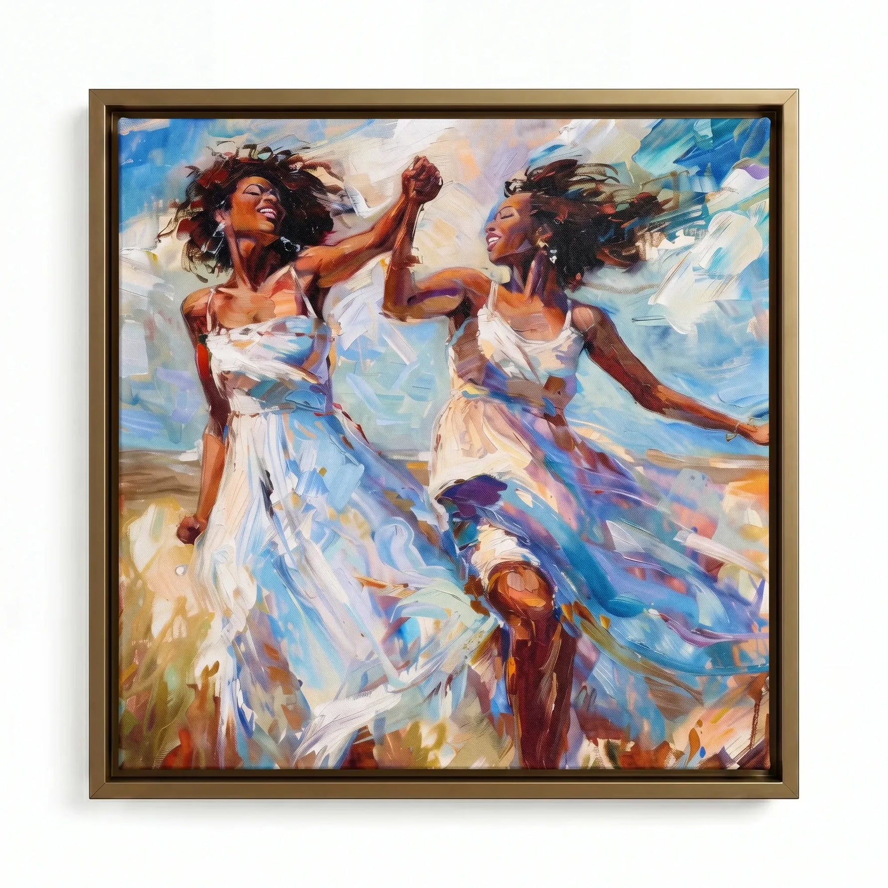 Black women dancing wall art in gold floating frame, joyful women in white dresses twirling with windswept hair, oil. Digital mockup.