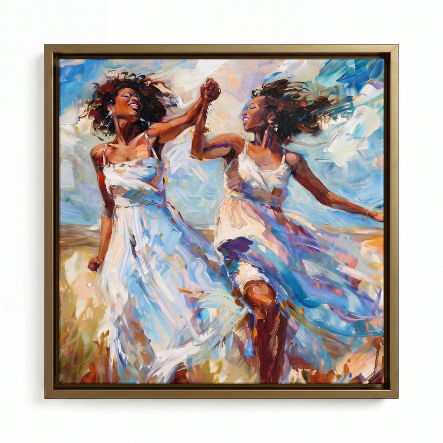 Black women dancing wall art in gold floating frame, joyful women in white dresses twirling with windswept hair, oil. Digital mockup.