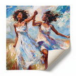 Black women dancing wall art rolled canvas print ready for custom framing, two women twirling in white sundresses. Digital mockup.