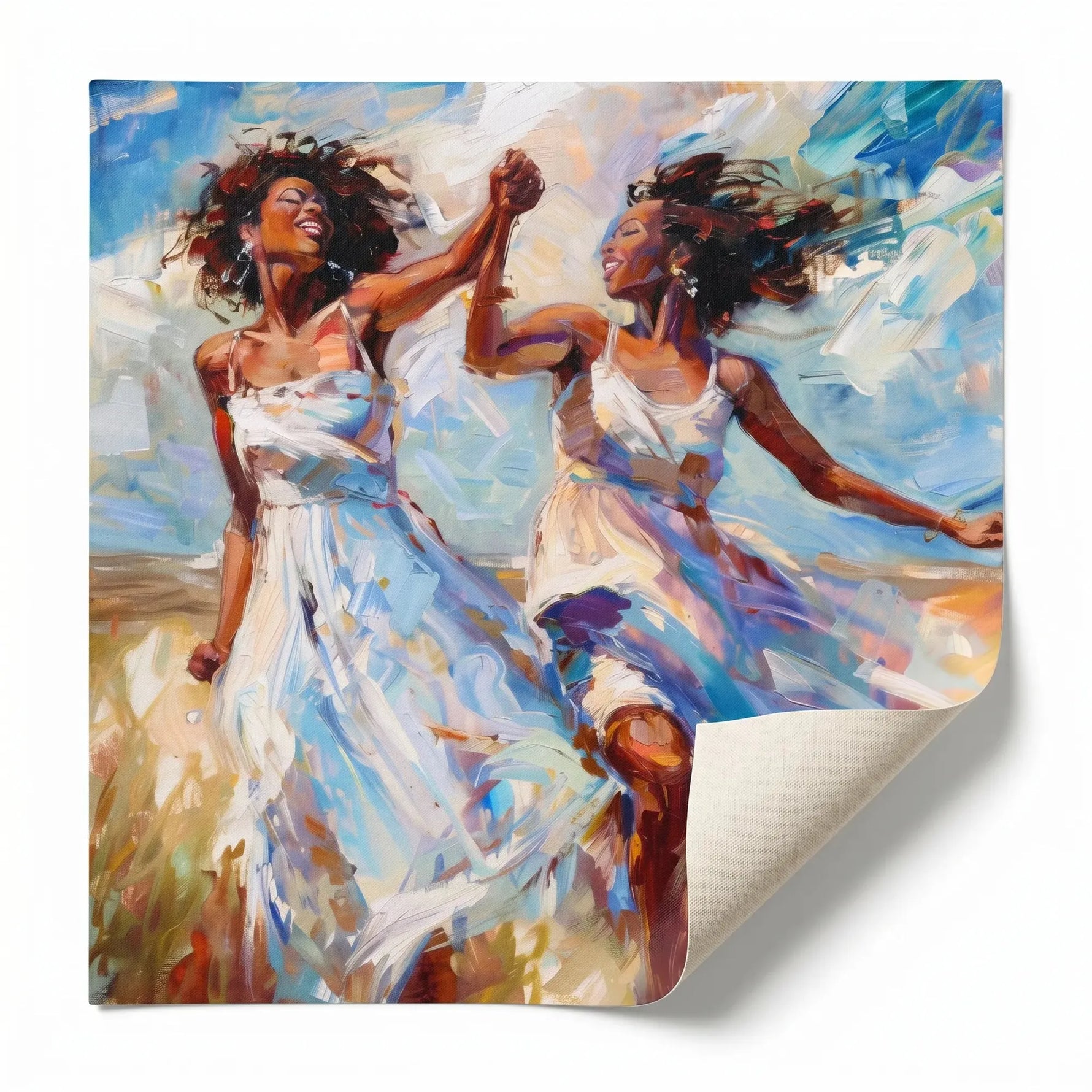 Black women dancing wall art rolled canvas print ready for custom framing, two women twirling in white sundresses. Digital mockup.
