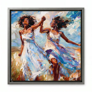 Black women dancing wall art in silver floating frame, modern impasto women twirling in white sundresses. Digital mockup.