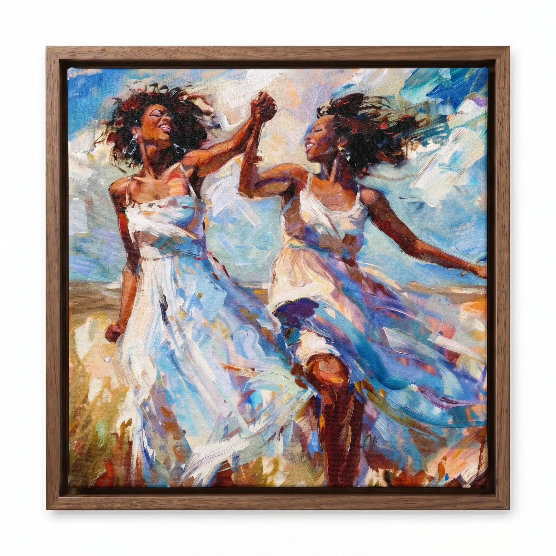 Black women dancing wall art in walnut floating frame, two women twirling in white sundresses in sunlit field. Digital mockup.