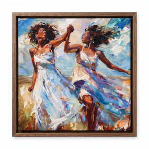 Black women dancing wall art in walnut floating frame, two women twirling in white sundresses in sunlit field. Digital mockup.