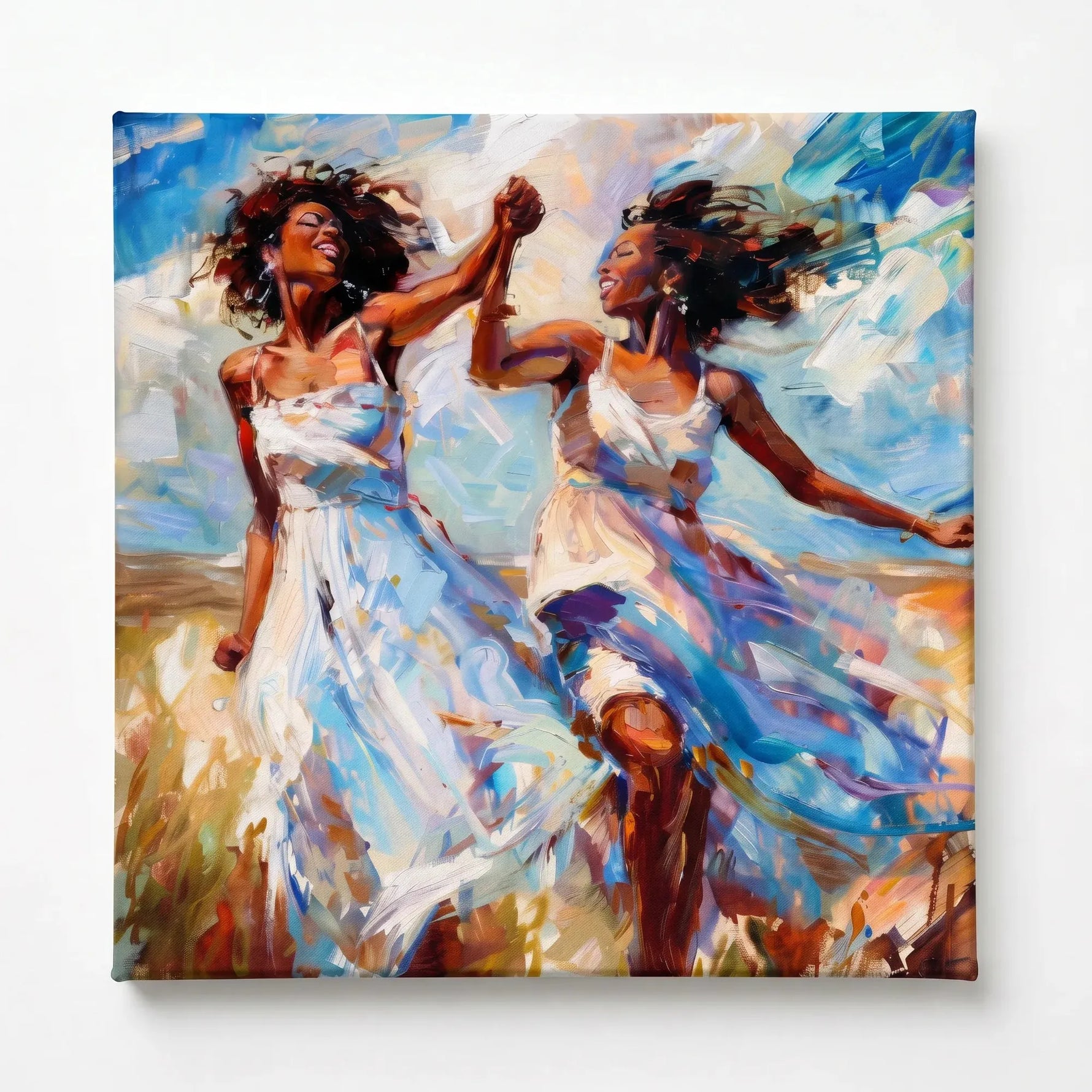 Black women dancing wall art stretched canvas, ready to hang. Two women twirling in white sundresses in sunlit field. Digital mockup.