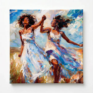 Black women dancing wall art stretched canvas, ready to hang. Two women twirling in white sundresses in sunlit field. Digital mockup.