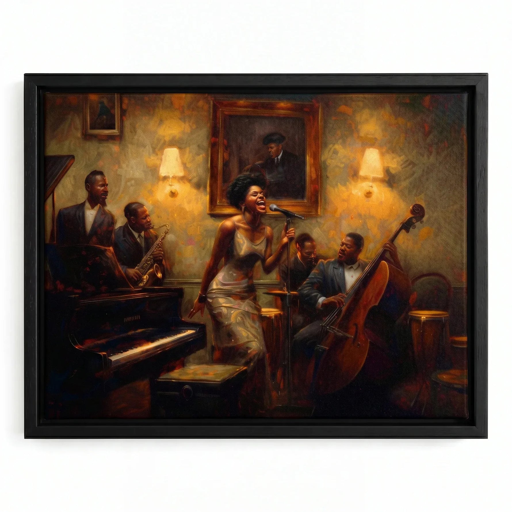 Harlem Renaissance style prints in black floating frame, vintage jazz club scene with Black singer and band, oil painting. Digital mockup.