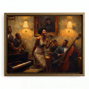 Harlem Renaissance style prints in gold floating frame, vintage Black jazz singer in white dress with band, oil painting. Digital mockup.