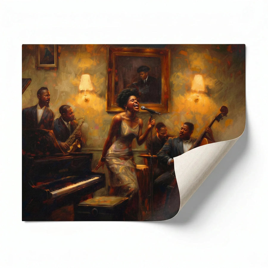 Harlem Renaissance style rolled canvas print ready for custom framing, Black jazz singer with piano sax bass band. Digital mockup.