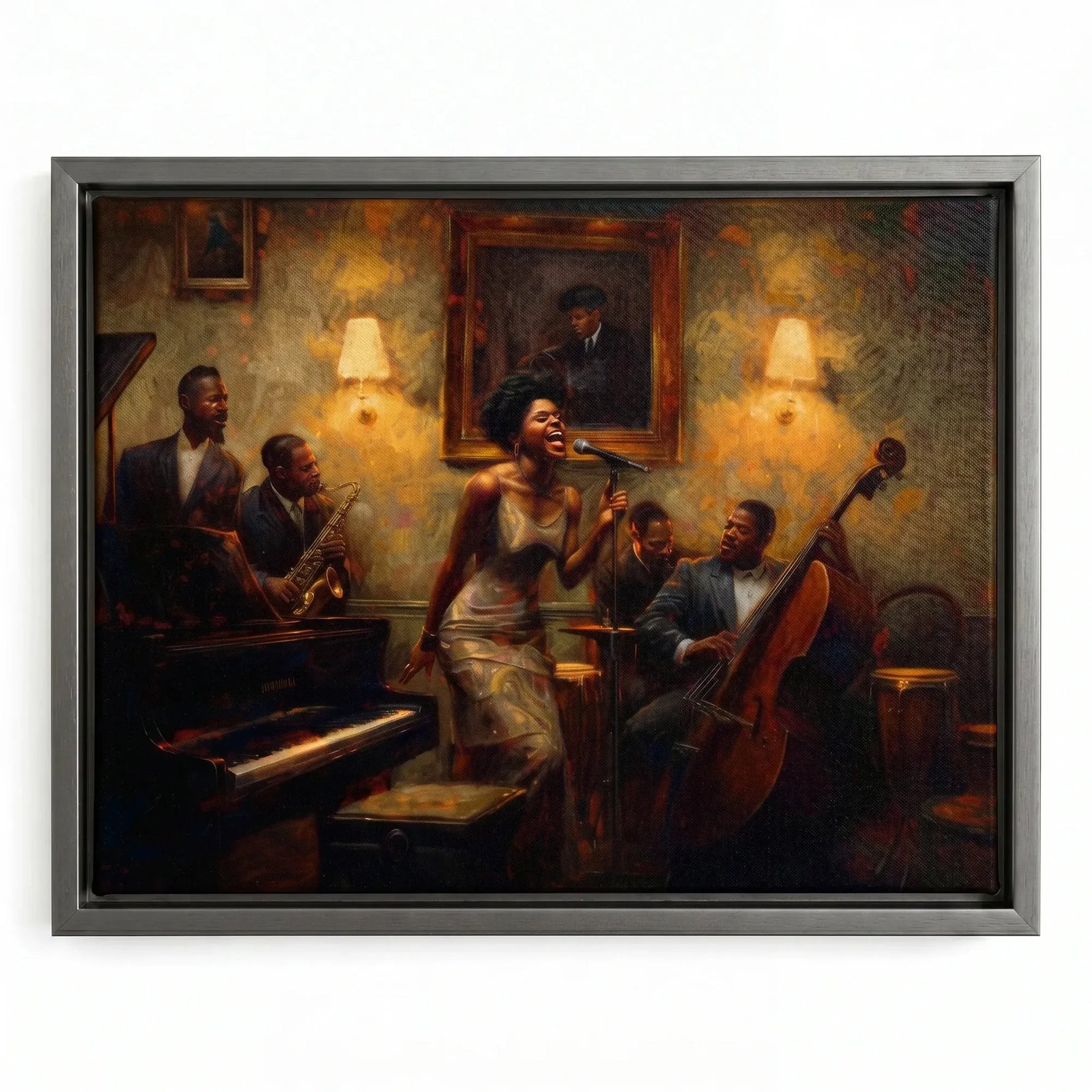 Harlem Renaissance style prints in silver floating frame, modern vintage Black jazz singer with musicians, oil painting. Digital mockup.