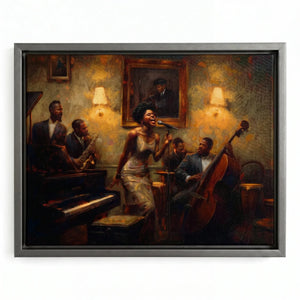 Harlem Renaissance style prints in silver floating frame, modern vintage Black jazz singer with musicians, oil painting. Digital mockup.