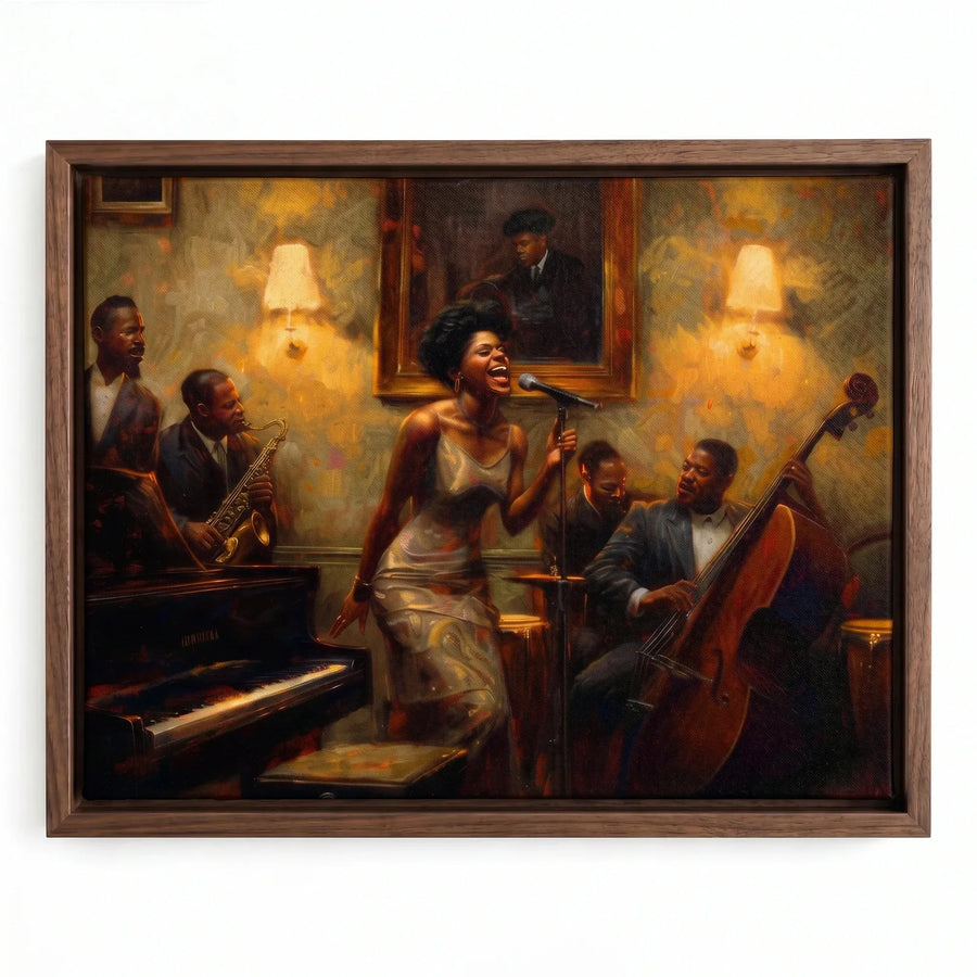 Harlem Renaissance style prints in walnut floating frame, oil painting of Black jazz singer with piano, sax, bass. Digital mockup.