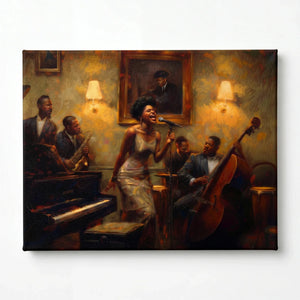 Harlem Renaissance style stretched canvas with gallery wrap, ready to hang. Vintage Black jazz singer and band scene. Digital mockup.