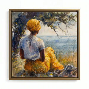 Gullah Geechee heritage art in gold floating frame, lowcountry watercolor of Black woman in yellow under tree. Digital mockup.