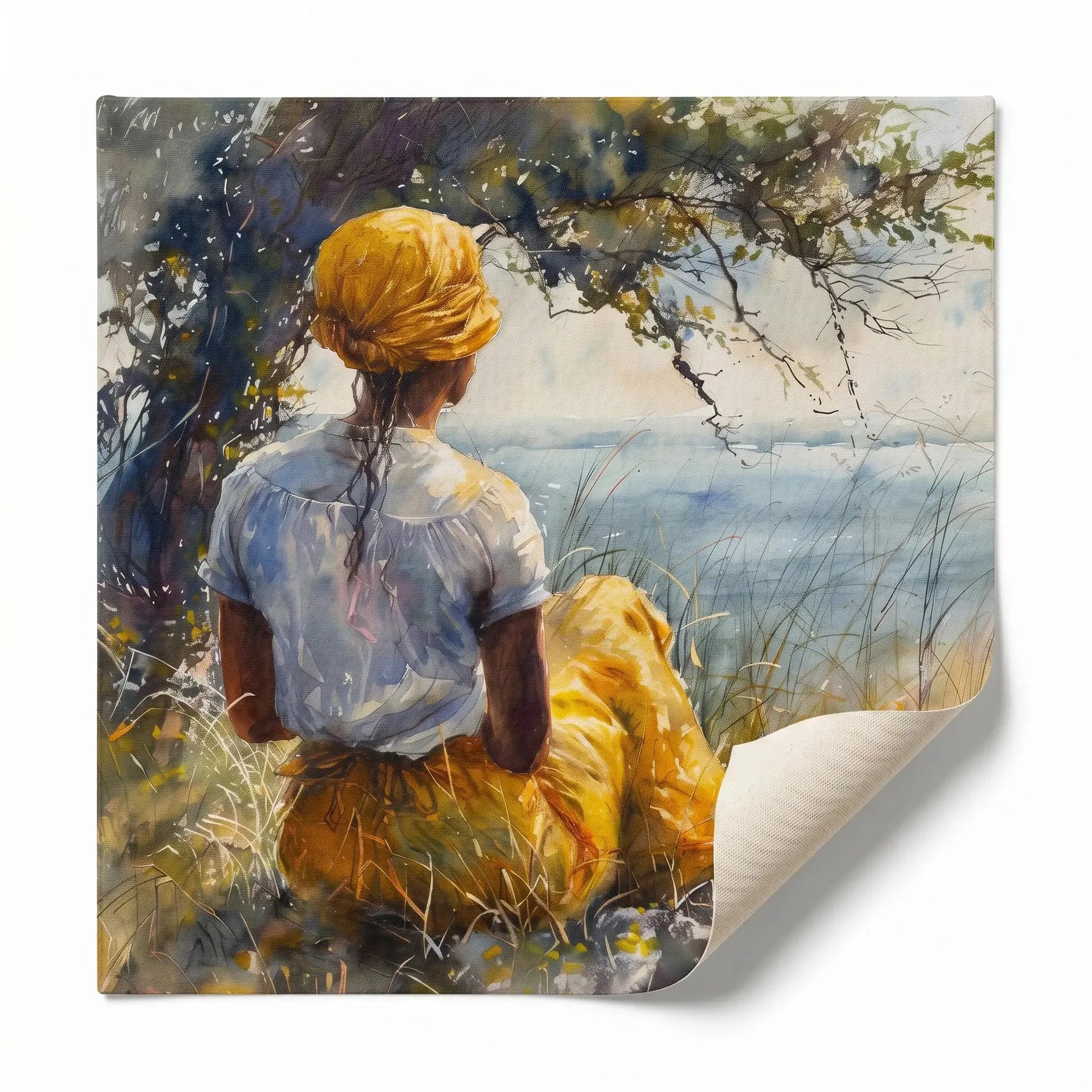 Gullah Geechee heritage art rolled canvas print ready for custom framing, Black woman by marsh tree watercolor. Digital mockup.