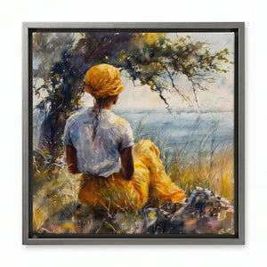 Gullah Geechee heritage art in silver floating frame, modern watercolor of Black woman by marsh tree. Digital mockup.