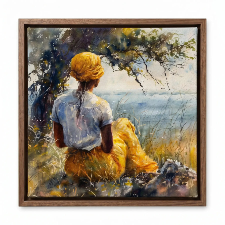 Gullah Geechee heritage art in walnut floating frame, watercolor of Black woman by marsh tree contemplative scene. Digital mockup.