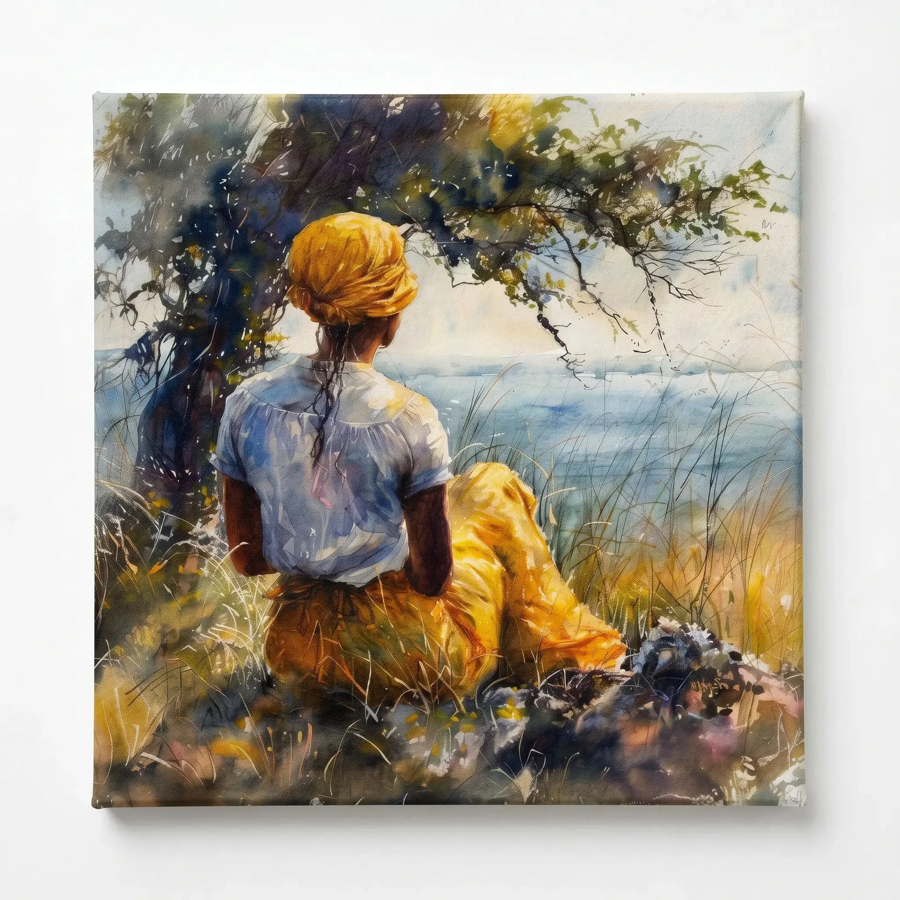 Gullah Geechee heritage art stretched canvas, ready to hang. Watercolor Black woman by lowcountry tree marsh. Digital mockup.