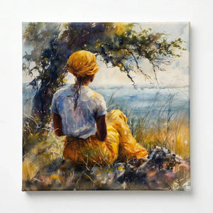 Gullah Geechee heritage art stretched canvas, ready to hang. Watercolor Black woman by lowcountry tree marsh. Digital mockup.