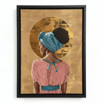 Golden Crown canvas in black floating frame, Afro boho living room art. Digital mockup.