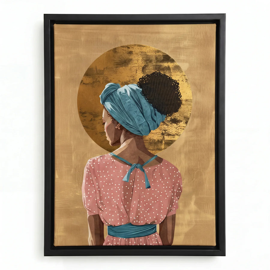 Golden Crown canvas in black floating frame, Afro boho living room art. Digital mockup.