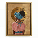Golden Crown canvas in gold floating frame, Boho Black girl wall art. Digital mockup.