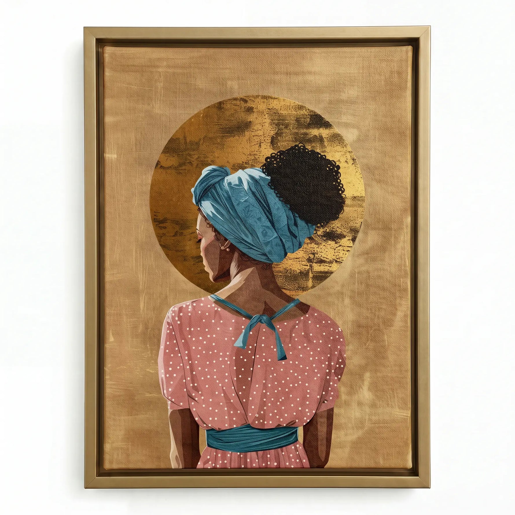 Golden Crown canvas in gold floating frame, Boho Black girl wall art. Digital mockup.