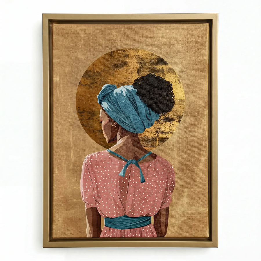 Golden Crown canvas in gold floating frame, Boho Black girl wall art. Digital mockup.