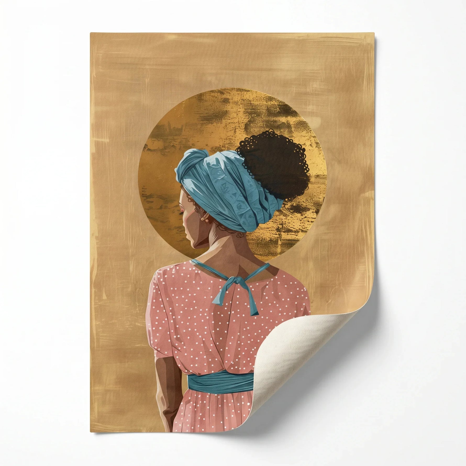 Golden Crown canvas print rolled for custom framing, African American art with gold accents. Digital mockup.