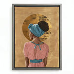 Golden Crown canvas in silver floating frame, African American art with gold accents. Digital mockup.