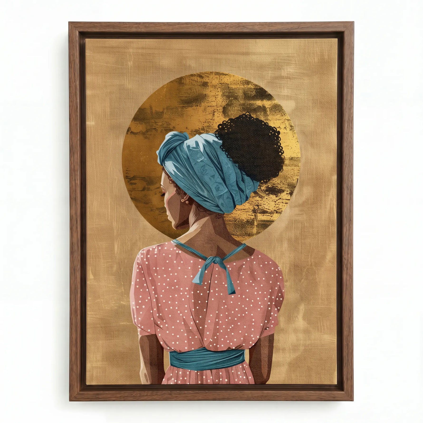 Golden Crown canvas in walnut floating frame, Melanin queen canvas. Digital mockup.