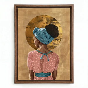 Black woman crown canvas art in walnut floating frame, regal Black woman with teal headwrap and gold halo, oil painting. Digital mockup.