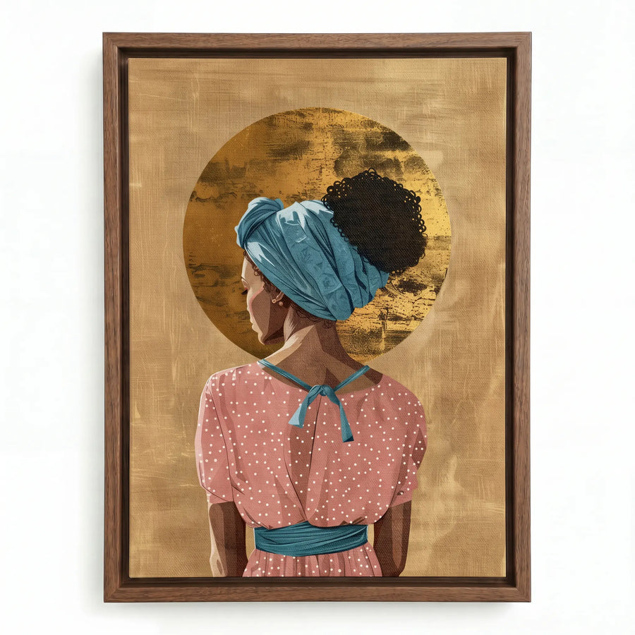 Golden Crown canvas in walnut floating frame, Melanin queen canvas. Digital mockup.