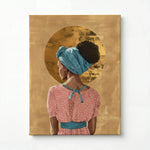 Golden Crown stretched canvas with gallery wrap edges, Afro boho living room art. Digital mockup.